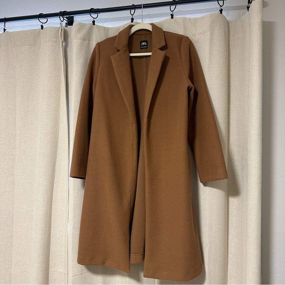Zara Women's Camel Coat Open Front Lapel Collar - Large - Picture 2 of 7